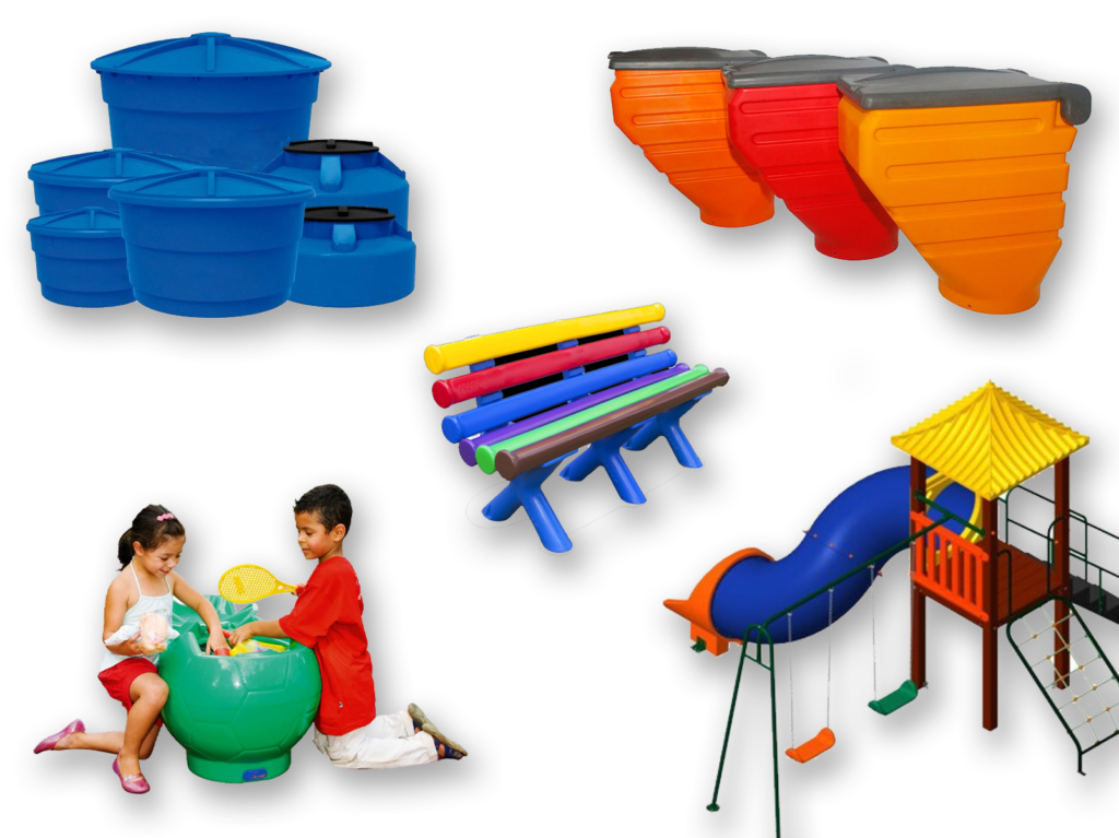 Rotomoldagem de Plástico: caixas d'água e tanques, funis para agropecuária, bancos, brinquedos e playgrounds.